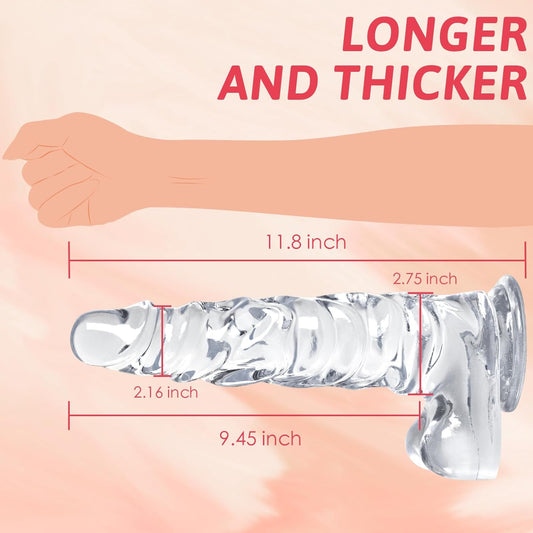 Huge Realistic Dildo, 11.8" XXL Clear G spot Dildo for Women,Small Glans Big Thick Dildo with Special Curve Design,Strong Suction Cup Lifelike Sex Toy for Hands-Free Play | Giant XXL Dildo for G-spot Vagina Anal Play,Big Size- Tapered Glans and Special Cu