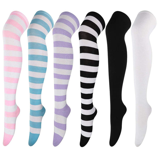 DRESHOW 6 Pairs High Thigh Socks Striped Over Knee Thin Tights Long Stocking Leg Warmer