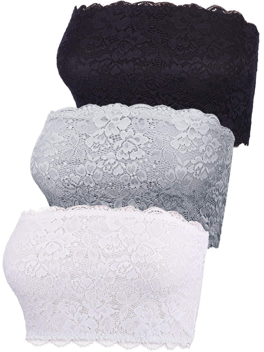 Boao 3 Pieces Women's Floral Lace Tube Top Bandeau Strapless Bras Seamless Stretchy Chest Wrap