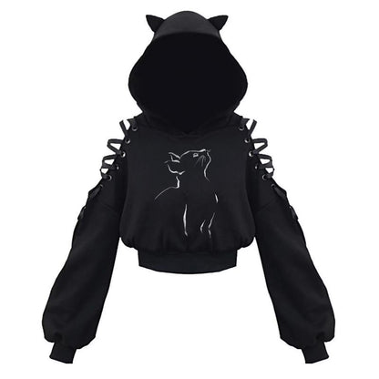 Cat Ear Hoodie Pullover Long Sleeve Off Shoulder Cute Crop Top Hoodies Sweatshirt