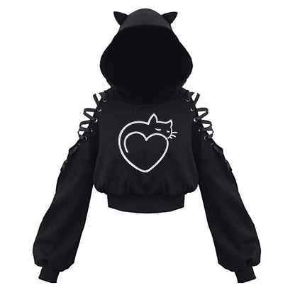 Cat Ear Hoodie Pullover Long Sleeve Off Shoulder Cute Crop Top Hoodies Sweatshirt
