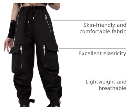 Black Cargo Pants Loose Chained Multi-Pocket Multi-Zip Punk Goth Pants