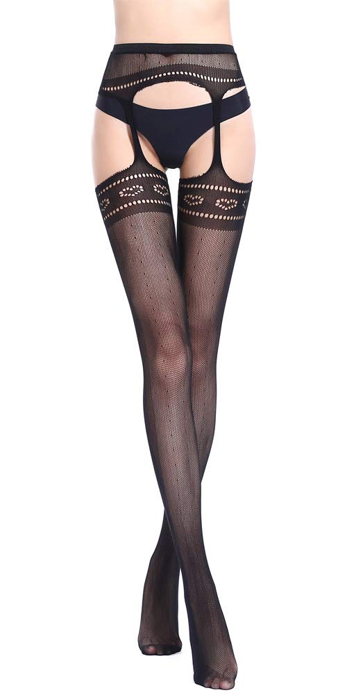 High Waist Fishnet Tights Suspenders Pantyhose Thigh High Stockings Black