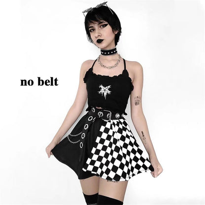 Ruolai Goth Black Pleated Mini Skirt with Chain High Waisted Tennis Skirt