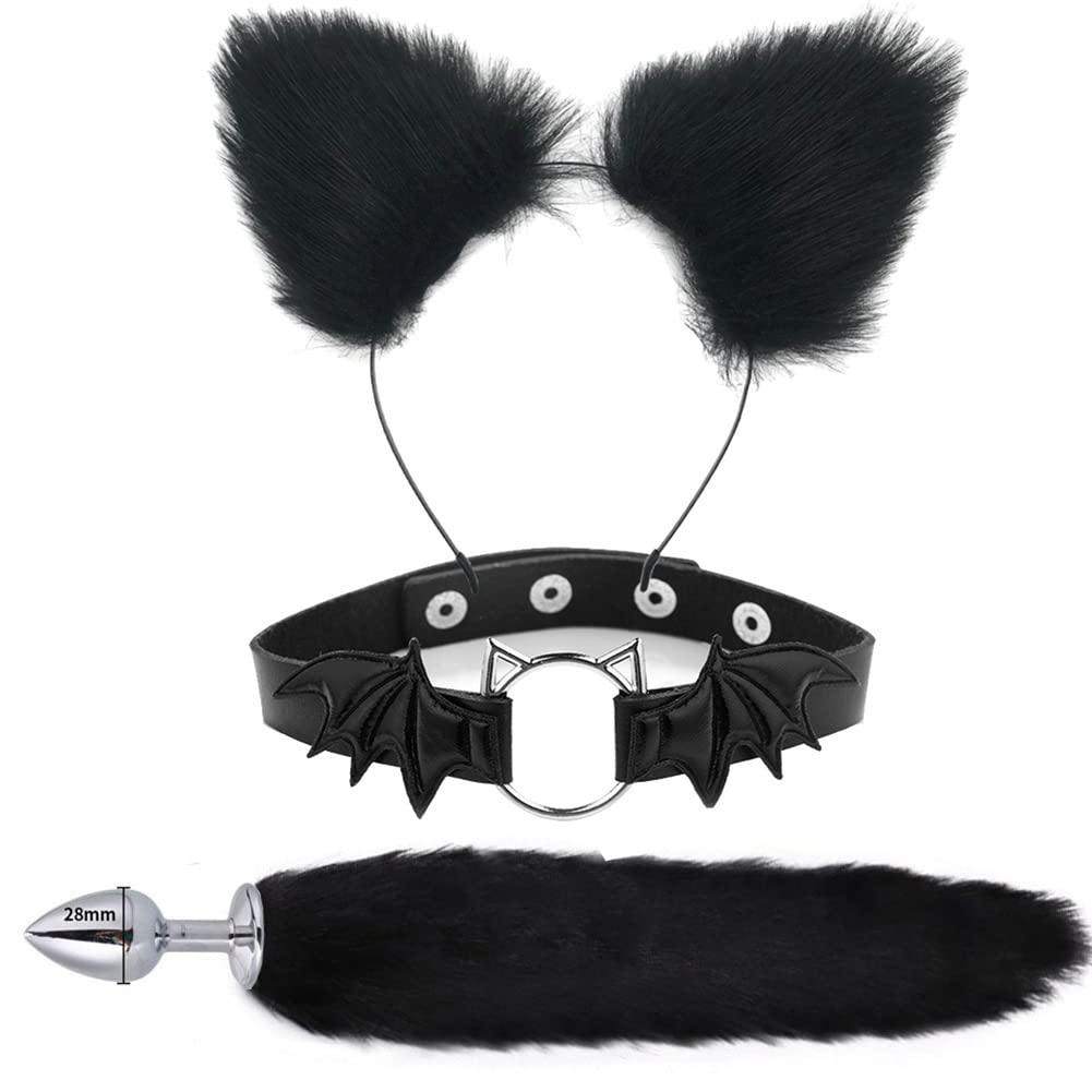Animal Cosplay Costume Furry Fox Tail Plug Cute Ears Headband Bat Style Neck Collar Set