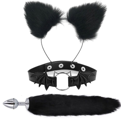 Animal Cosplay Costume Furry Fox Tail Plug Cute Ears Headband Bat Style Neck Collar Set