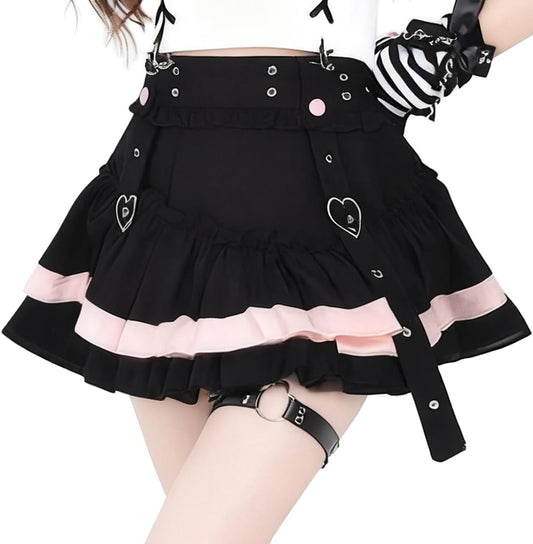 Casual Fashion High Waist A-line Mini Skirt Y2K Cute Suspenders Decoration Splicing Pleated Skirt