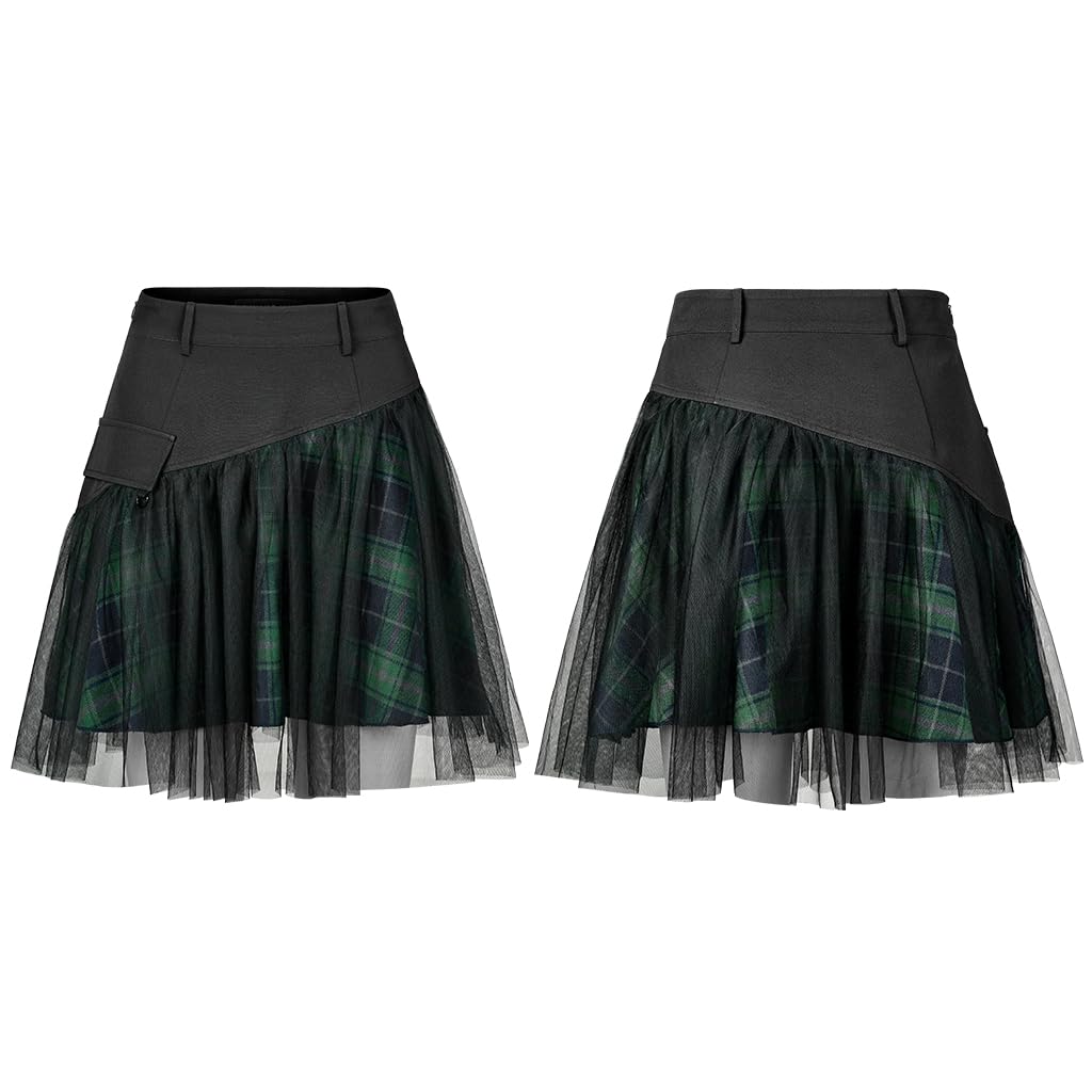 PUNK RAVE DAILY Gothic Skirts Goth Mini Plaid Skirt with Tulle Punk Dunk High Waist A-Line Party Skirt