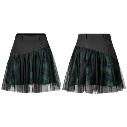 PUNK RAVE DAILY Gothic Skirts Goth Mini Plaid Skirt with Tulle Punk Dunk High Waist A-Line Party Skirt
