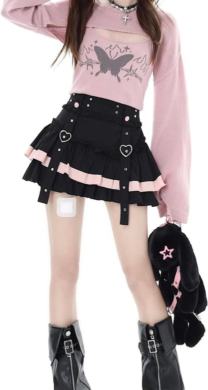 Casual Fashion High Waist A-line Mini Skirt Y2K Cute Suspenders Decoration Splicing Pleated Skirt