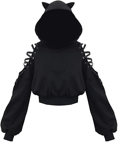 Cat Ear Hoodie Pullover Long Sleeve Off Shoulder Cute Crop Top Hoodies Sweatshirt