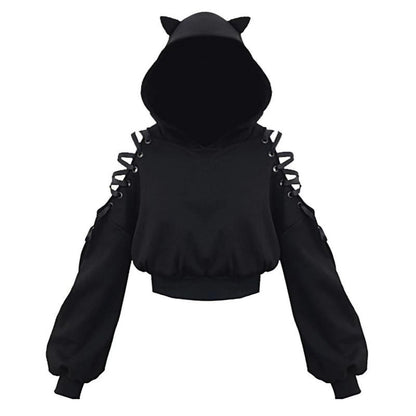 Cat Ear Hoodie Pullover Long Sleeve Off Shoulder Cute Crop Top Hoodies Sweatshirt