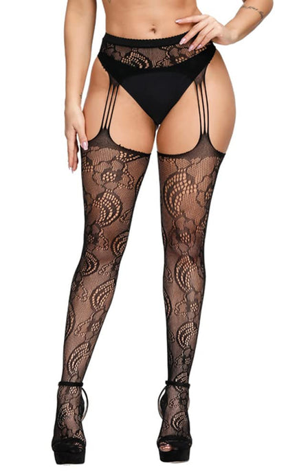 High Waist Fishnet Tights Suspenders Pantyhose Thigh High Stockings Black