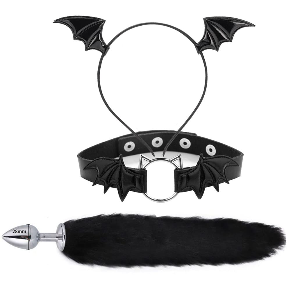 Animal Cosplay Costume Furry Fox Tail Plug Cute Ears Headband Bat Style Neck Collar Set