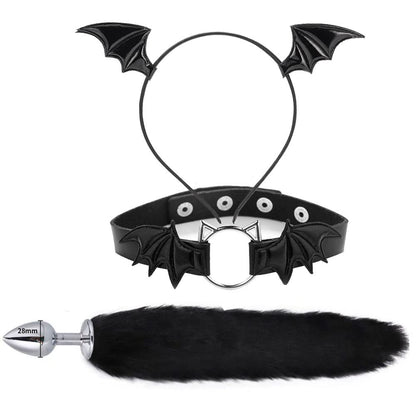 Animal Cosplay Costume Furry Fox Tail Plug Cute Ears Headband Bat Style Neck Collar Set