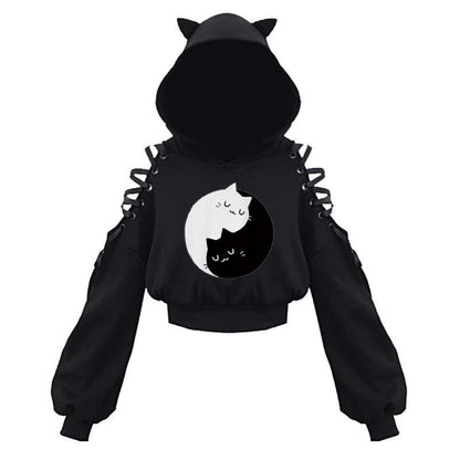 Cat Ear Hoodie Pullover Long Sleeve Off Shoulder Cute Crop Top Hoodies Sweatshirt