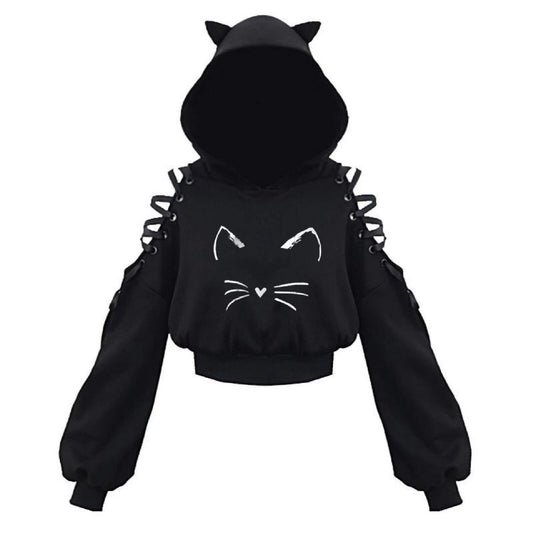 Cat Ear Hoodie Pullover Long Sleeve Off Shoulder Cute Crop Top Hoodies Sweatshirt