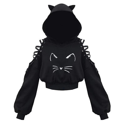 Cat Ear Hoodie Pullover Long Sleeve Off Shoulder Cute Crop Top Hoodies Sweatshirt