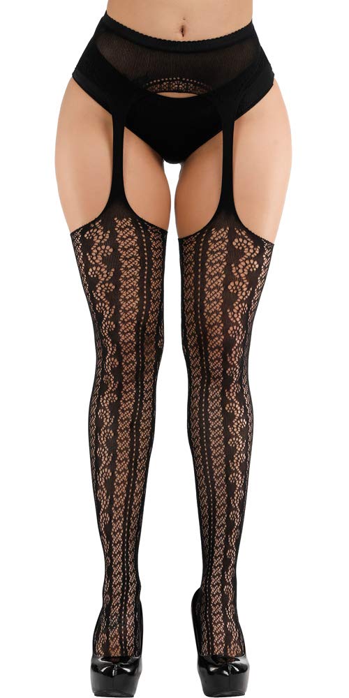 High Waist Fishnet Tights Suspenders Pantyhose Thigh High Stockings Black