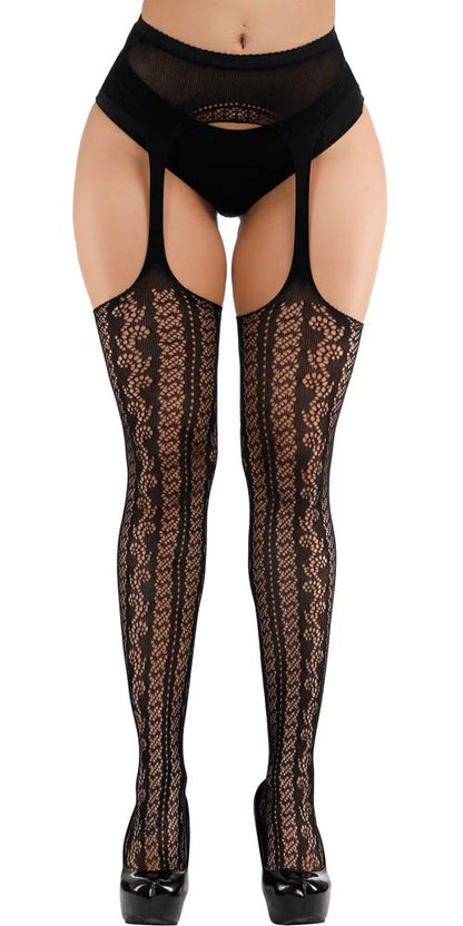 High Waist Fishnet Tights Suspenders Pantyhose Thigh High Stockings Black
