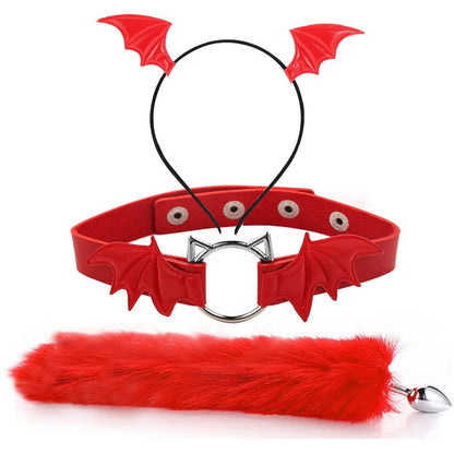 Animal Cosplay Costume Furry Fox Tail Plug Cute Ears Headband Bat Style Neck Collar Set