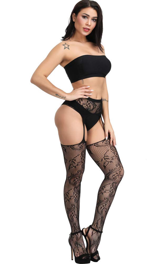 High Waist Fishnet Tights Suspenders Pantyhose Thigh High Stockings Black