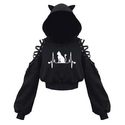 Cat Ear Hoodie Pullover Long Sleeve Off Shoulder Cute Crop Top Hoodies Sweatshirt