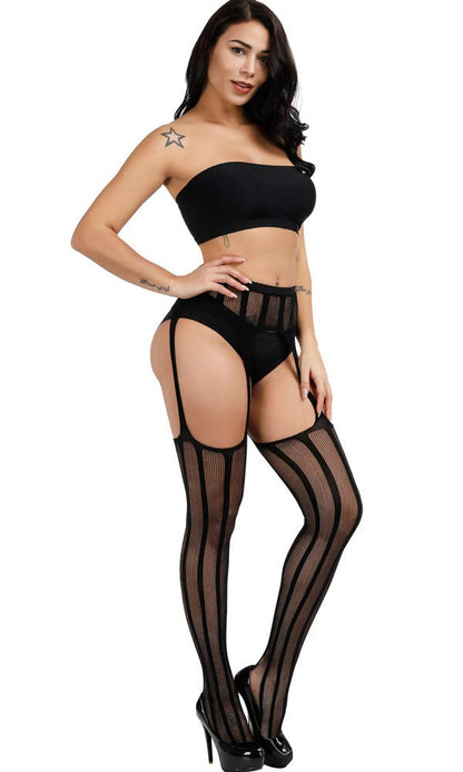 High Waist Fishnet Tights Suspenders Pantyhose Thigh High Stockings Black
