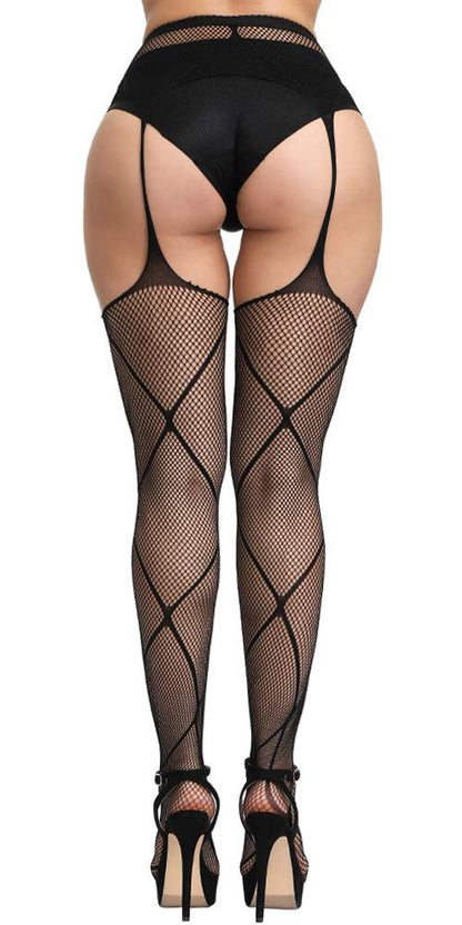 High Waist Fishnet Tights Suspenders Pantyhose Thigh High Stockings Black