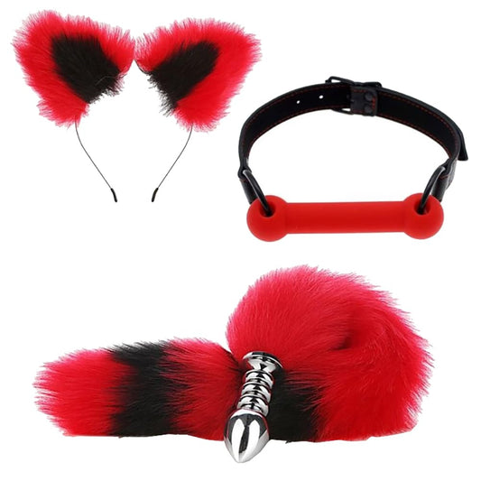 3 Pcs Stainless Steel Anal Butt Plug Adult Toys Set, Set Toys Furry Fox Tail Anal Plug Ears Headband Gag Ball, Flirting SM Adult Couple Games Toys (Red B)