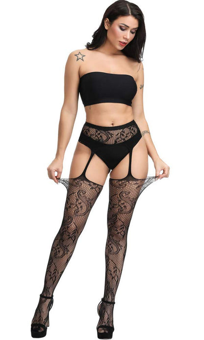 High Waist Fishnet Tights Suspenders Pantyhose Thigh High Stockings Black