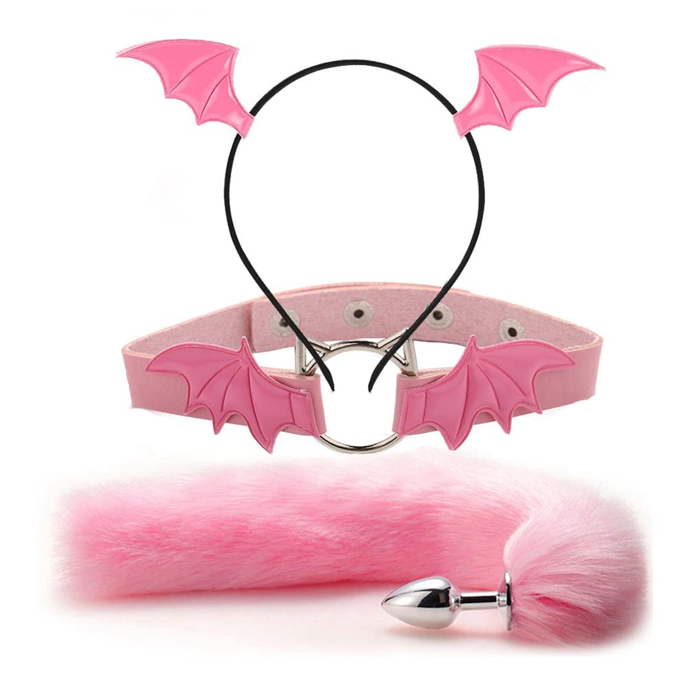 Animal Cosplay Costume Furry Fox Tail Plug Cute Ears Headband Bat Style Neck Collar Set