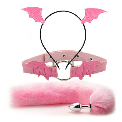 Animal Cosplay Costume Furry Fox Tail Plug Cute Ears Headband Bat Style Neck Collar Set