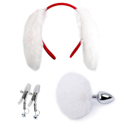 Faux Fur Fox Costume Animal Pink Short Tail Set Butt Plugs Necklace Choker Sex Dice Nipple Clamp Body Jewelry Furry Ear Headband