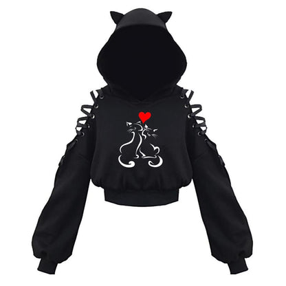 Cat Ear Hoodie Pullover Long Sleeve Off Shoulder Cute Crop Top Hoodies Sweatshirt