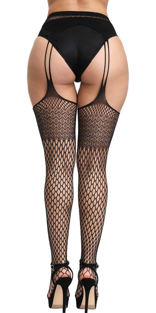 High Waist Fishnet Tights Suspenders Pantyhose Thigh High Stockings Black