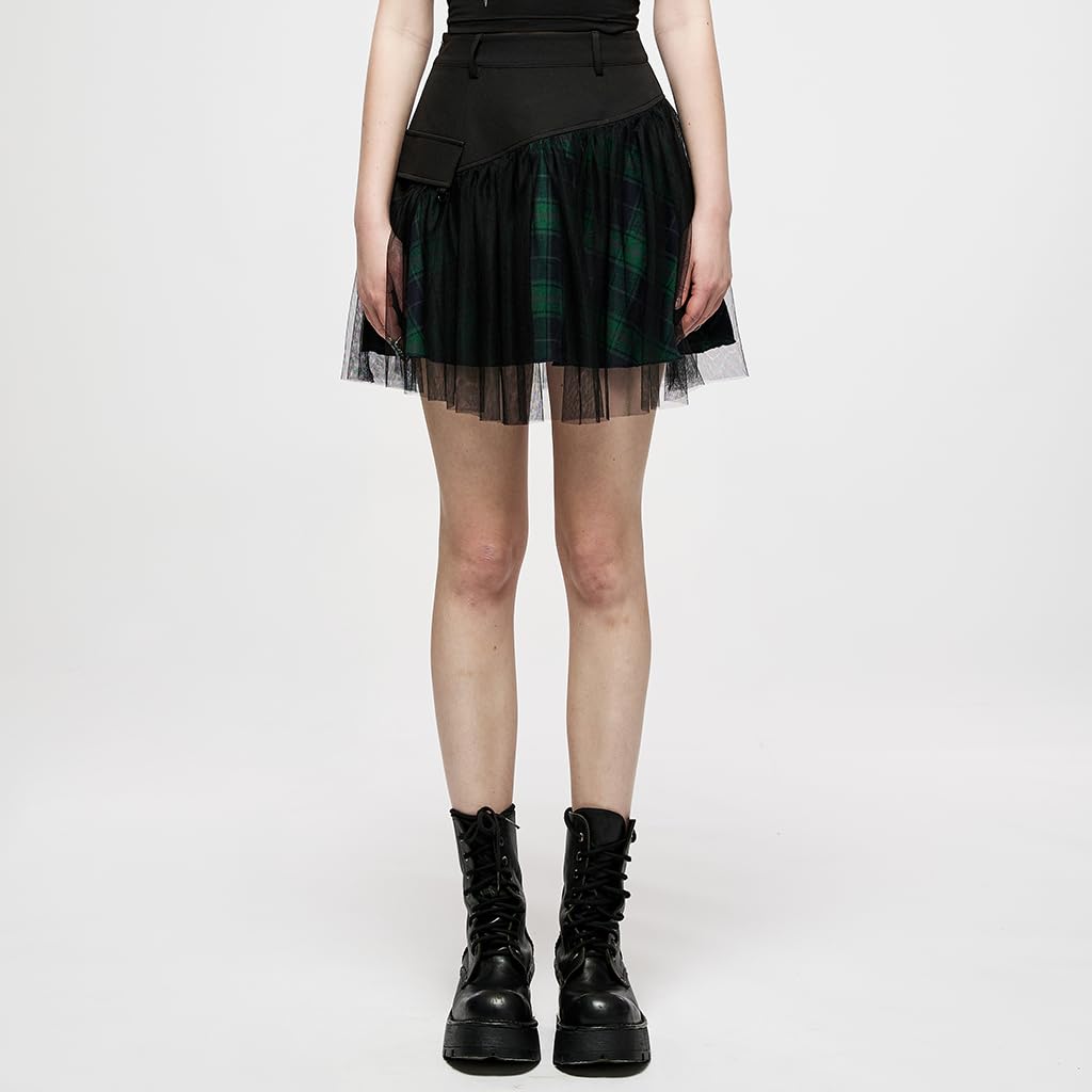 PUNK RAVE DAILY Gothic Skirts Goth Mini Plaid Skirt with Tulle Punk Dunk High Waist A-Line Party Skirt