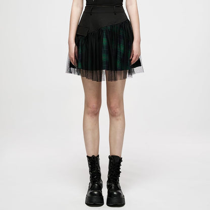 PUNK RAVE DAILY Gothic Skirts Goth Mini Plaid Skirt with Tulle Punk Dunk High Waist A-Line Party Skirt