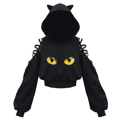 Cat Ear Hoodie Pullover Long Sleeve Off Shoulder Cute Crop Top Hoodies Sweatshirt