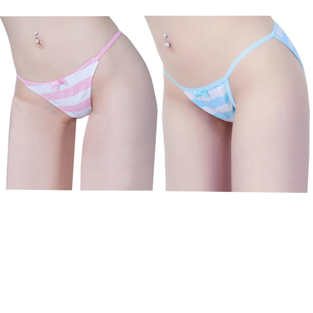 Striped Cotton Pouch Panties Underwear Pack of 2 | Cute Japanese Style Striped Bikini Panties with Soft Cotton, Pouch Design and Sissy Femboy Style for Cosplay and Daily Wear