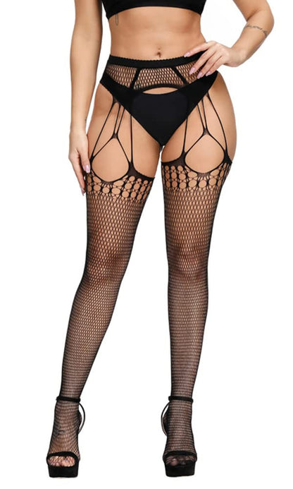 High Waist Fishnet Tights Suspenders Pantyhose Thigh High Stockings Black
