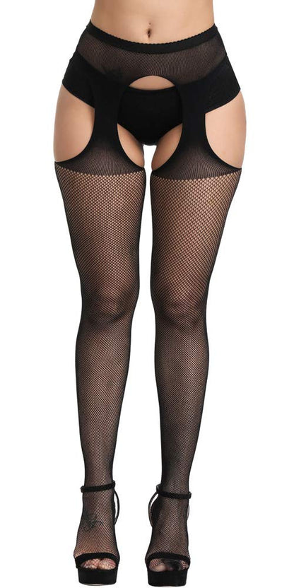 High Waist Fishnet Tights Suspenders Pantyhose Thigh High Stockings Black