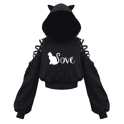 Cat Ear Hoodie Pullover Long Sleeve Off Shoulder Cute Crop Top Hoodies Sweatshirt