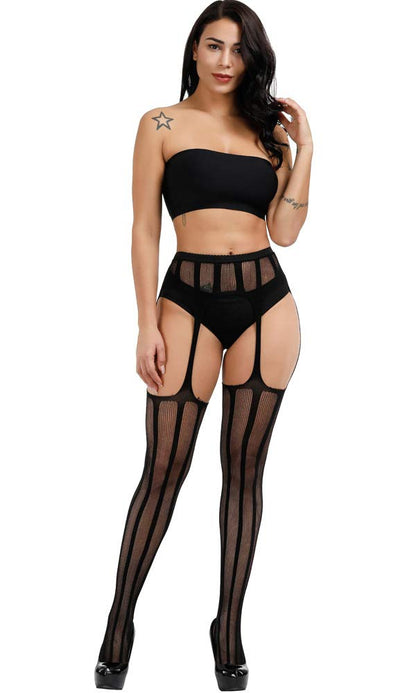 High Waist Fishnet Tights Suspenders Pantyhose Thigh High Stockings Black