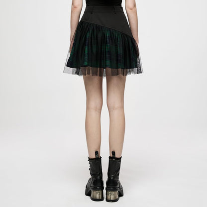 PUNK RAVE DAILY Gothic Skirts Goth Mini Plaid Skirt with Tulle Punk Dunk High Waist A-Line Party Skirt
