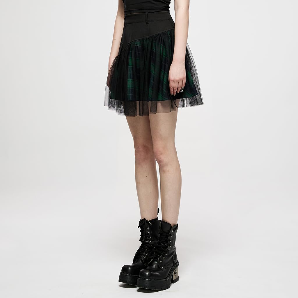 PUNK RAVE DAILY Gothic Skirts Goth Mini Plaid Skirt with Tulle Punk Dunk High Waist A-Line Party Skirt