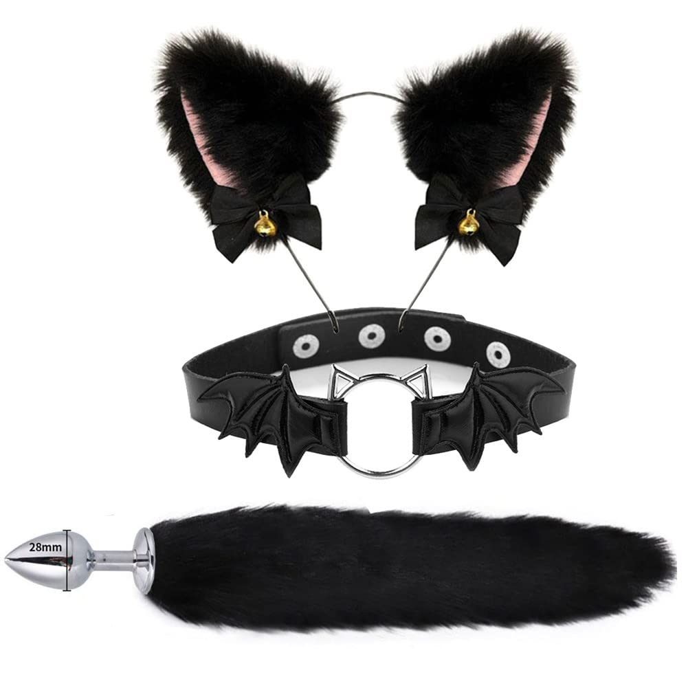 Animal Cosplay Costume Furry Fox Tail Plug Cute Ears Headband Bat Style Neck Collar Set