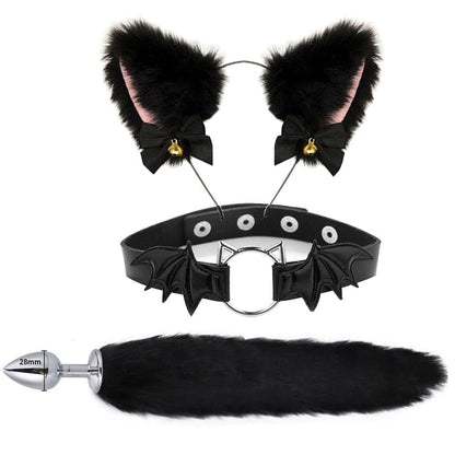 Animal Cosplay Costume Furry Fox Tail Plug Cute Ears Headband Bat Style Neck Collar Set