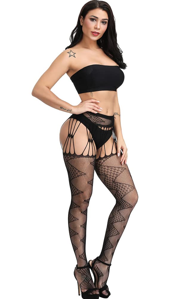 High Waist Fishnet Tights Suspenders Pantyhose Thigh High Stockings Black