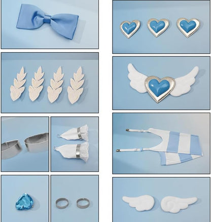 Angel Cosplay Anime Costumes White Top Skirt Outfit with Heart Accessories for Halloween Party